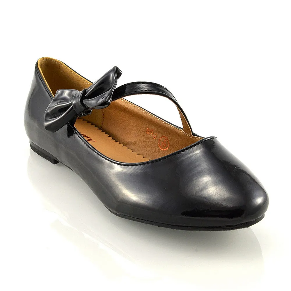 COLETTE FLAT LOW HEEL STRAPPY WITH BOW DETAILING BALLERINA PUMP SHOES IN BLACK PATENT