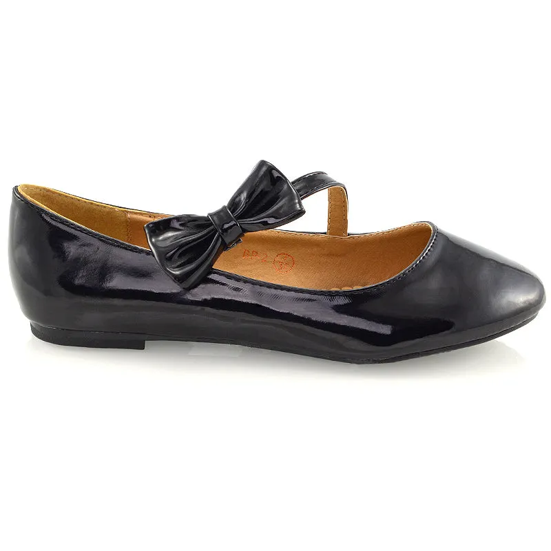 COLETTE FLAT LOW HEEL STRAPPY WITH BOW DETAILING BALLERINA PUMP SHOES IN BLACK PATENT