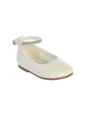 Girls Ivory Patent Rhinestone Encrusted Ankle Strap Flats 12 Kids