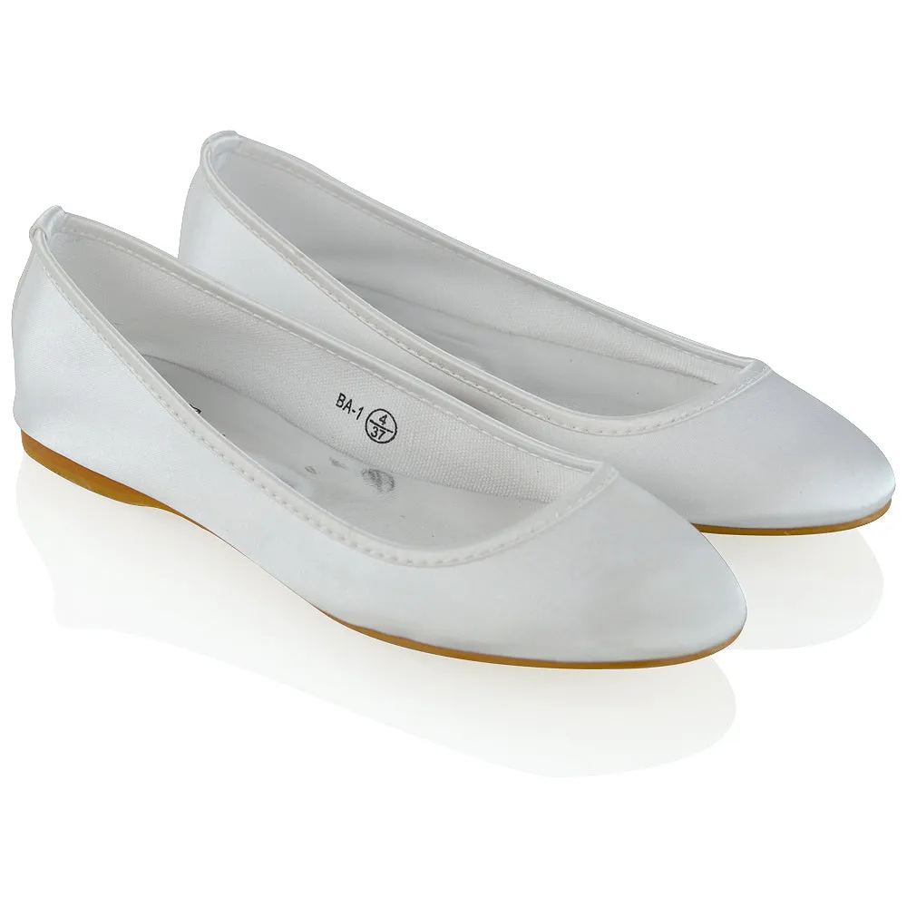 KARA FLAT BRIDAL SHOES LOW BLOCK HIGH HEELED WEDDING BALLERINA PUMPS IN WHITE SATIN