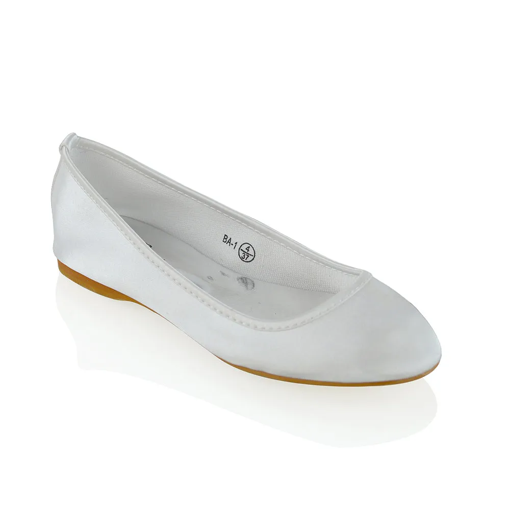 KARA FLAT BRIDAL SHOES LOW BLOCK HIGH HEELED WEDDING BALLERINA PUMPS IN WHITE SATIN