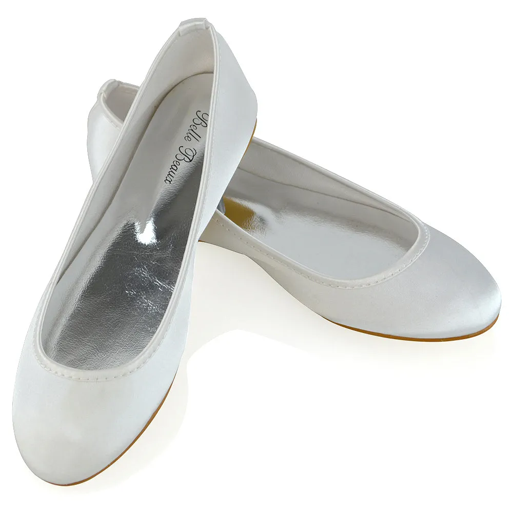 KARA FLAT BRIDAL SHOES LOW BLOCK HIGH HEELED WEDDING BALLERINA PUMPS IN WHITE SATIN