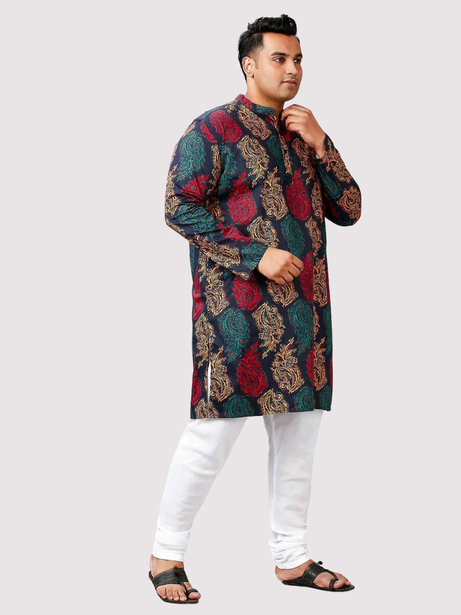 Nawab Printed Blue Red Kurta Men's Plus Size