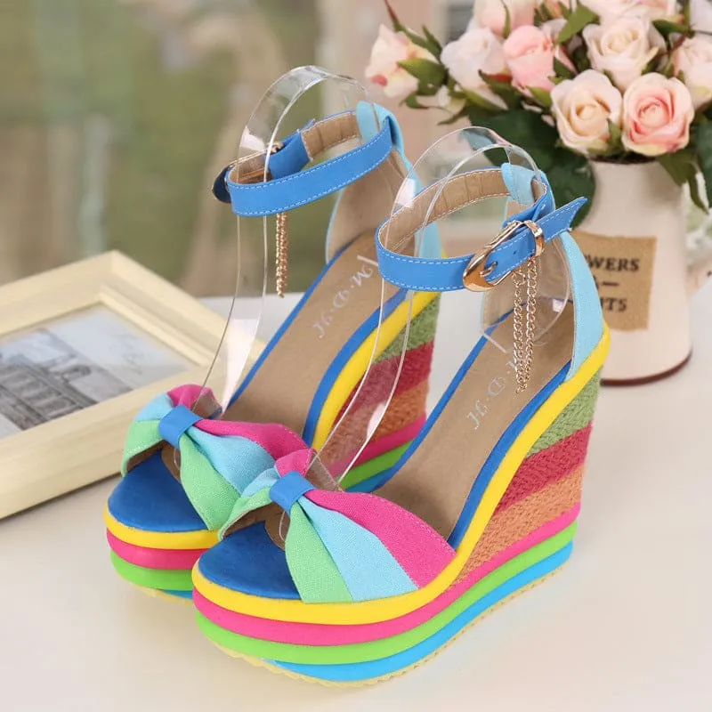 Rainbow Platform Wedge Sandals with Bow and Ankle Strap for Ladies