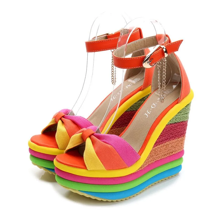 Rainbow Platform Wedge Sandals with Bow and Ankle Strap for Ladies