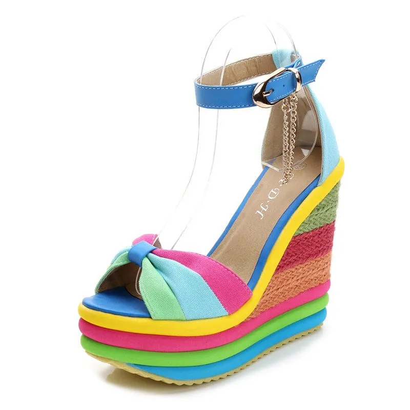 Rainbow Platform Wedge Sandals with Bow and Ankle Strap for Ladies