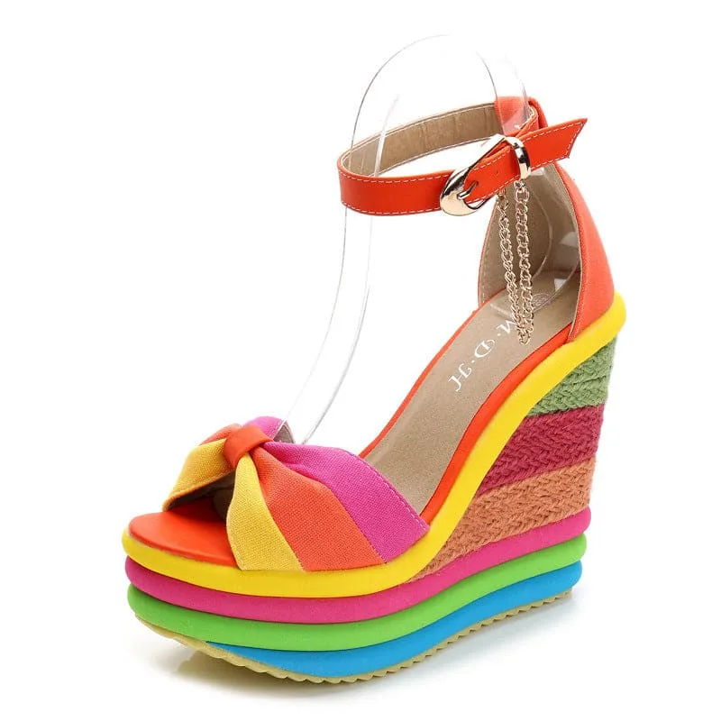 Rainbow Platform Wedge Sandals with Bow and Ankle Strap for Ladies