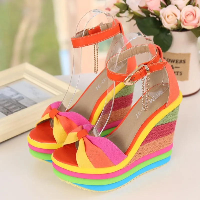 Rainbow Platform Wedge Sandals with Bow and Ankle Strap for Ladies