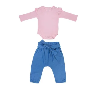 Ruffle Full Sleeve Pink, Blue 2 Piece Romper Set