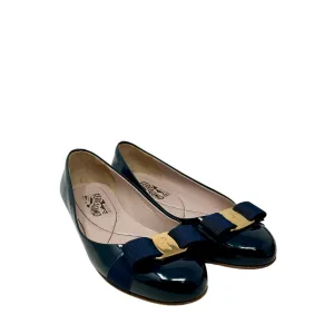 Salvatore Ferragamo Navy Patent Leather Bow Flats - Size 7.5