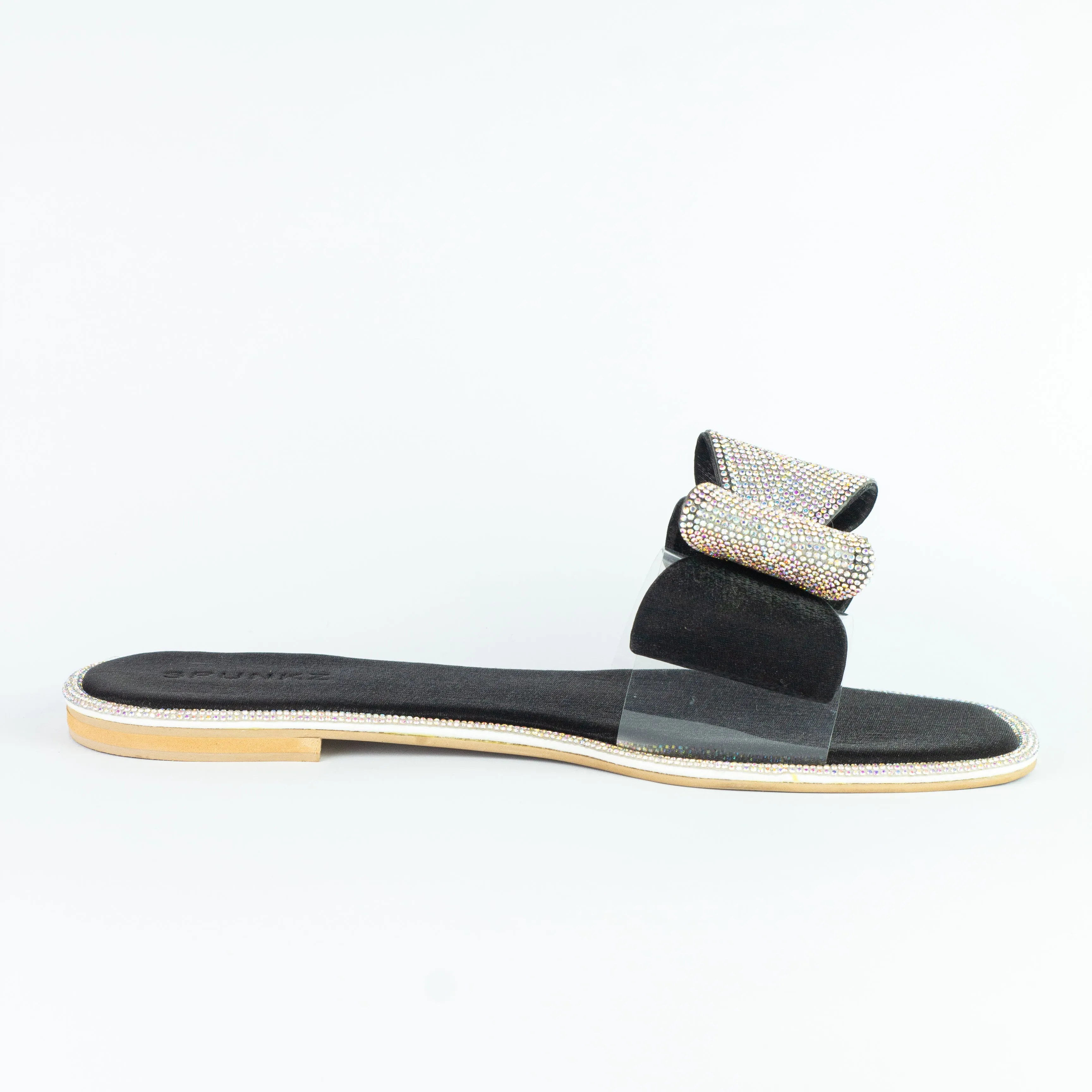 Spunkz Black Shimmery Diamanté Bow Flat Slides For Women