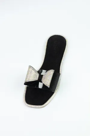 Spunkz Black Shimmery Diamanté Bow Flat Slides For Women