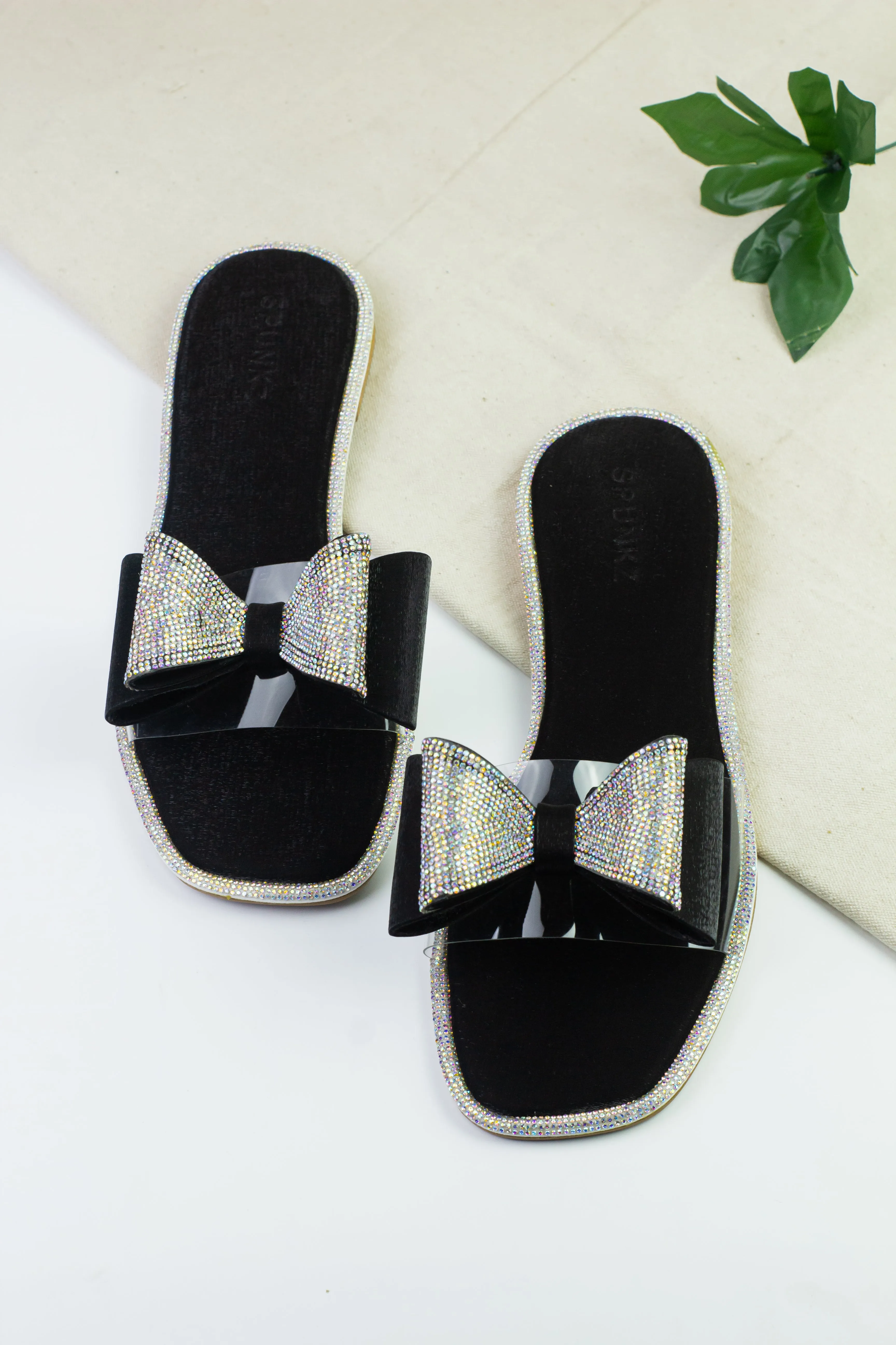 Spunkz Black Shimmery Diamanté Bow Flat Slides For Women