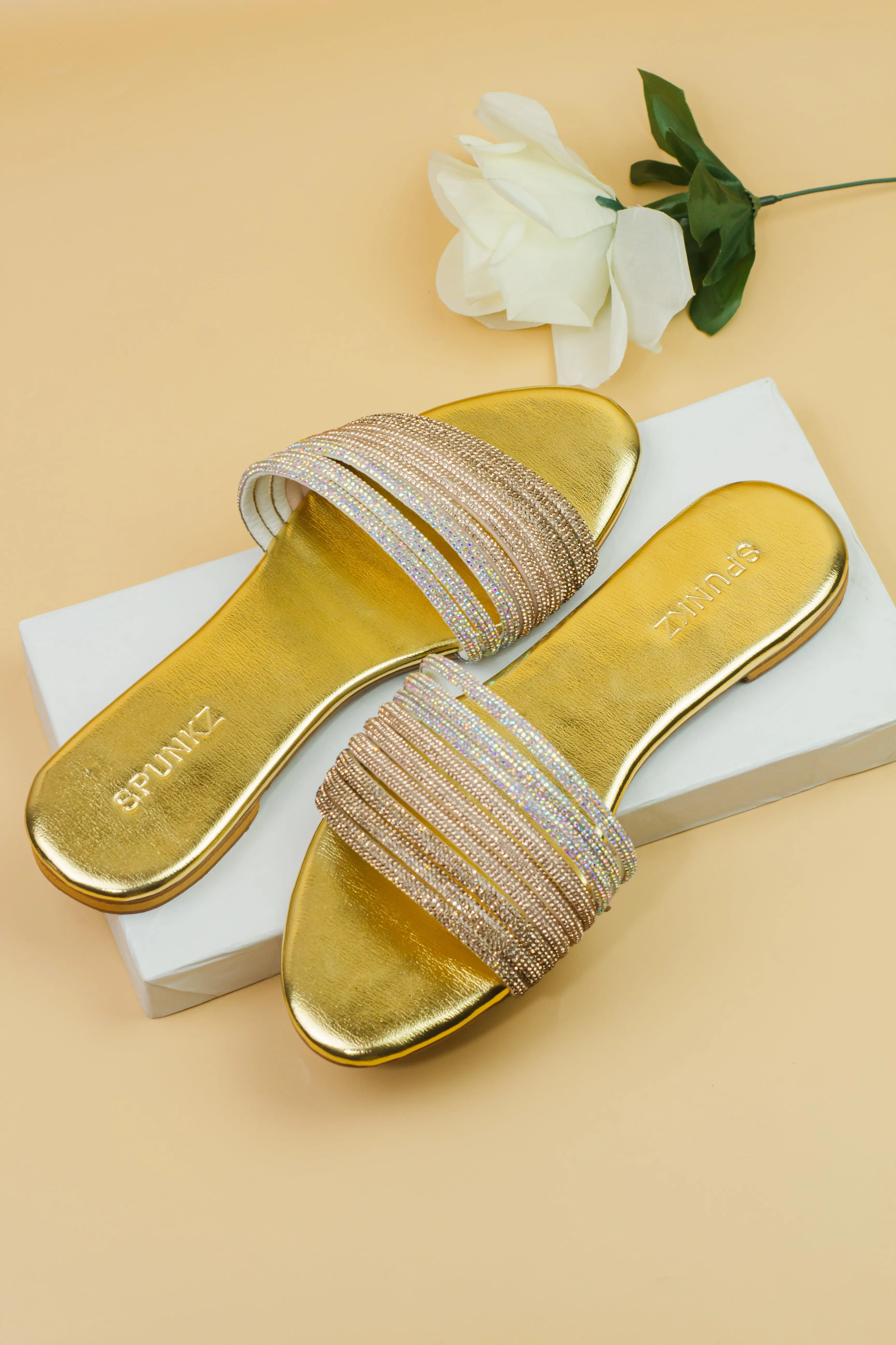 Spunkz Golden Diamante Embellished Shiny Mash Flat Slippers