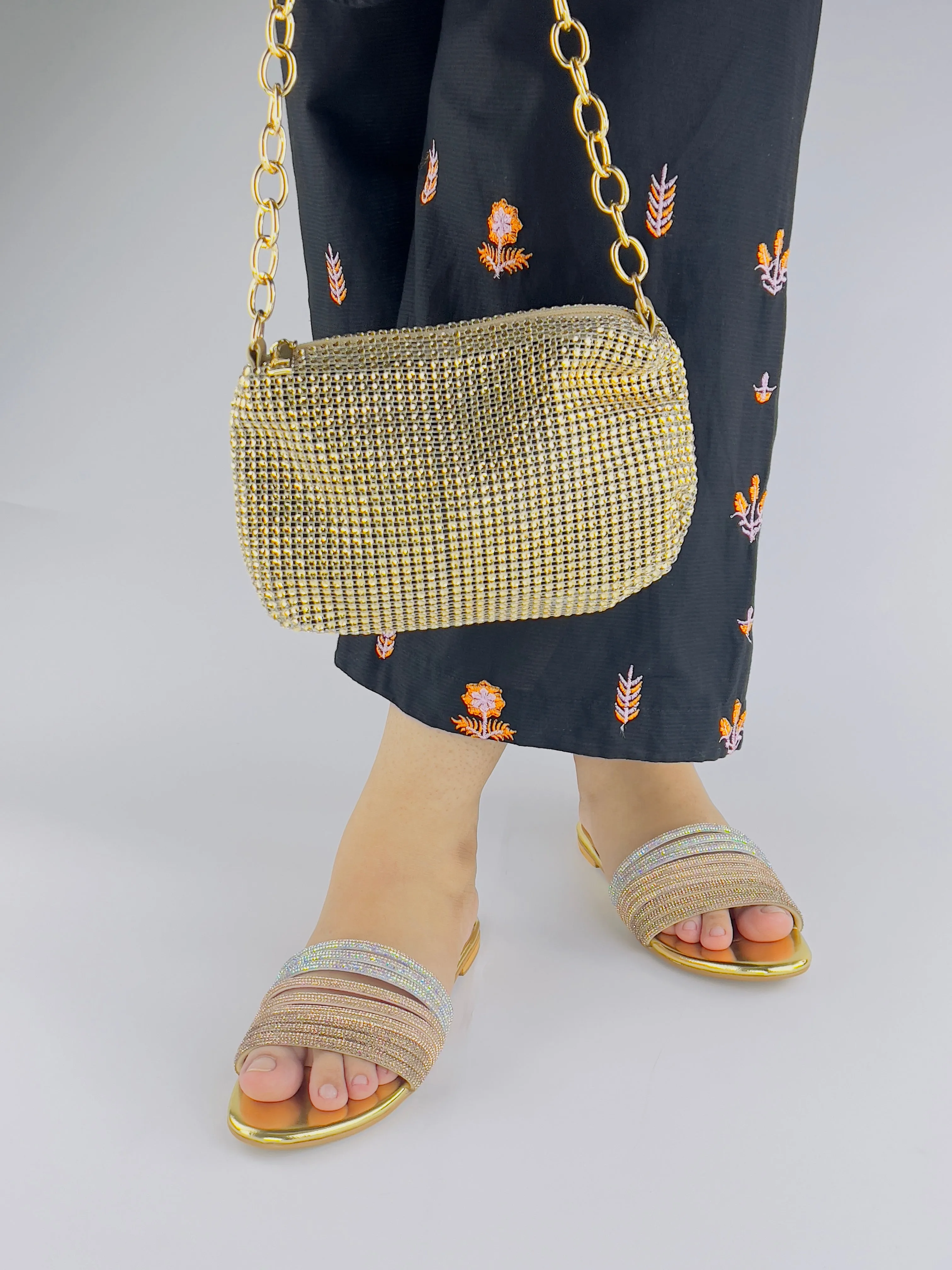 Spunkz Golden Diamante Embellished Shiny Mash Flat Slippers