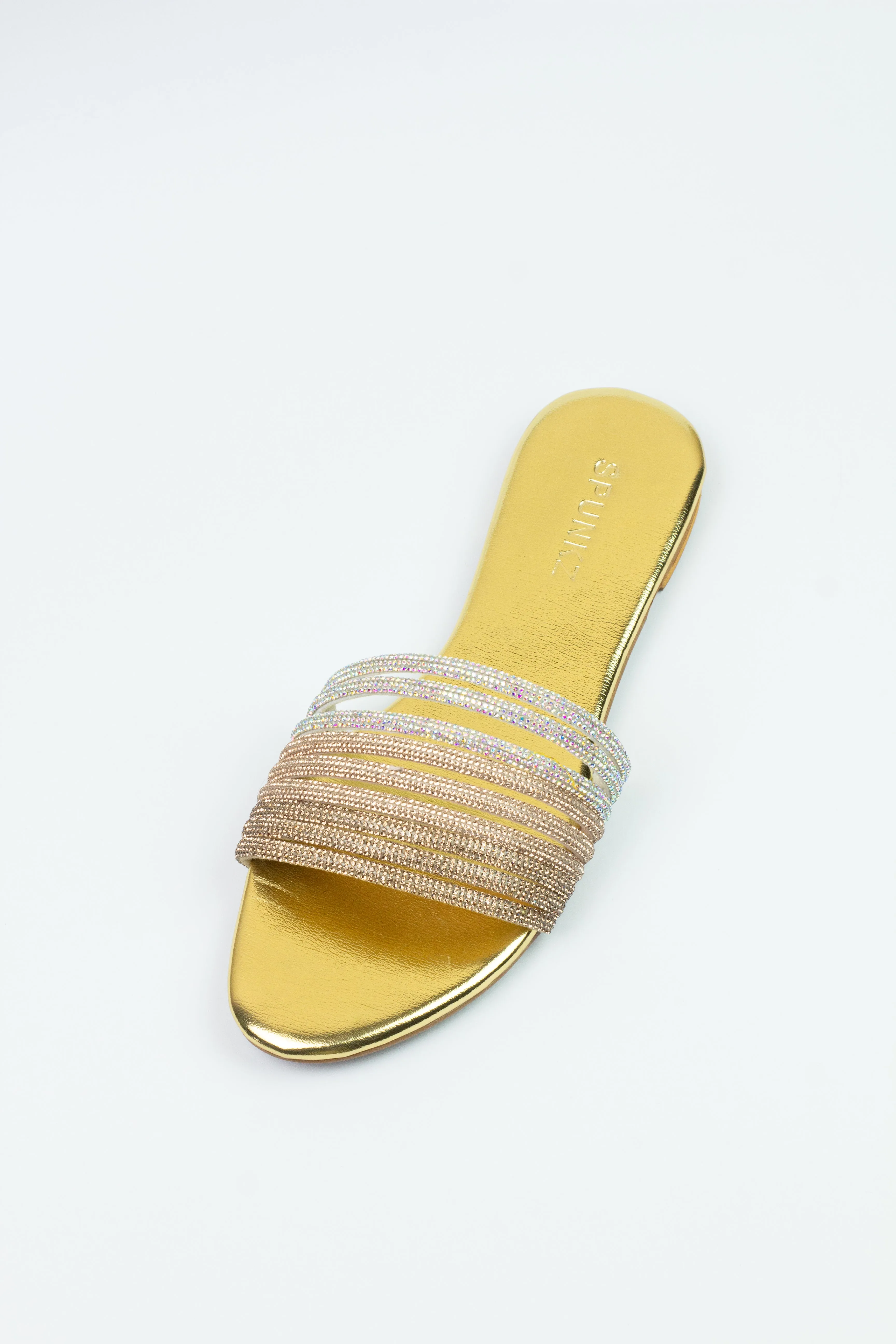 Spunkz Golden Diamante Embellished Shiny Mash Flat Slippers