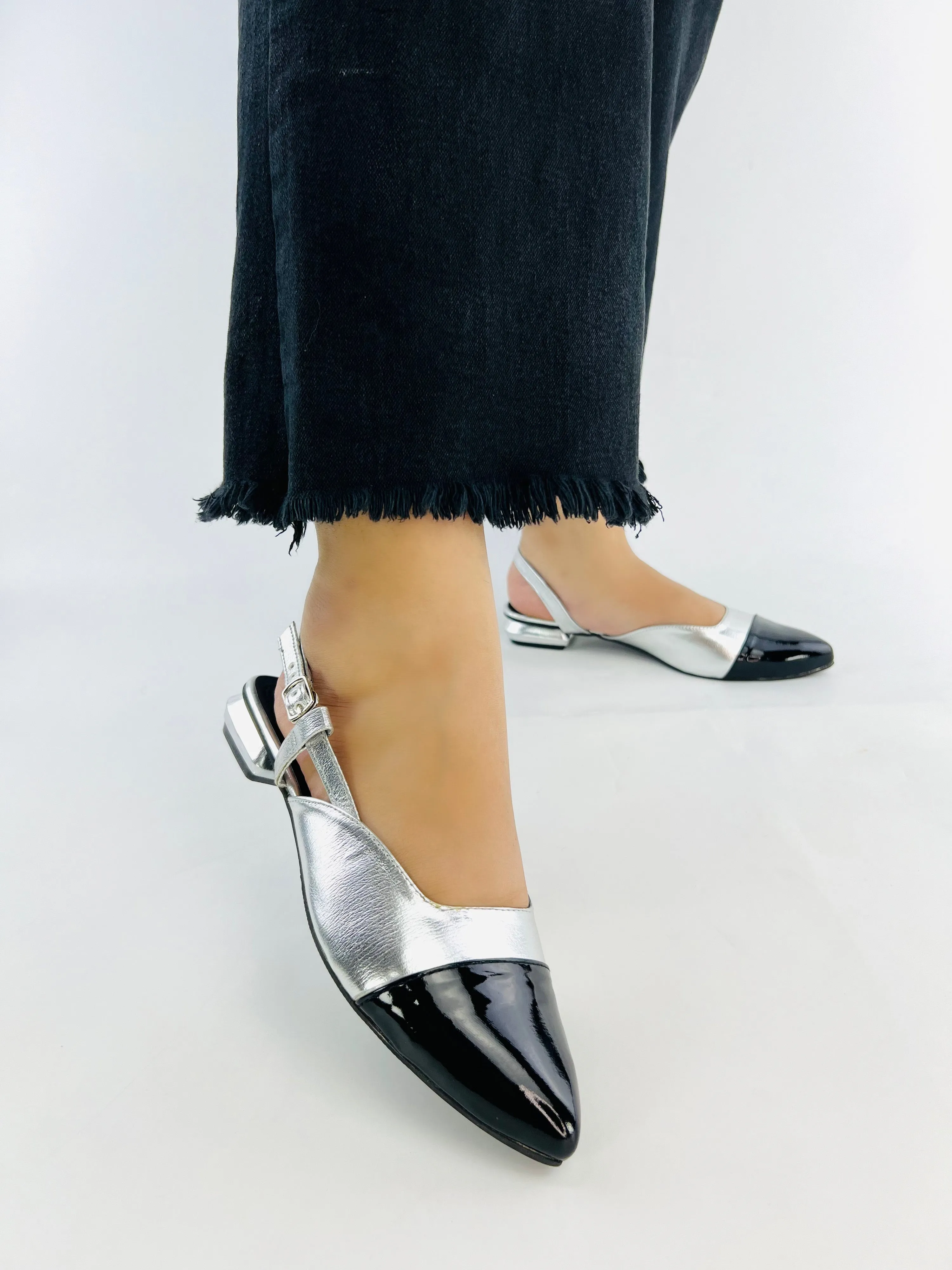 Spunkz Silver Flat Slingback Low Heel Ballet Pumps