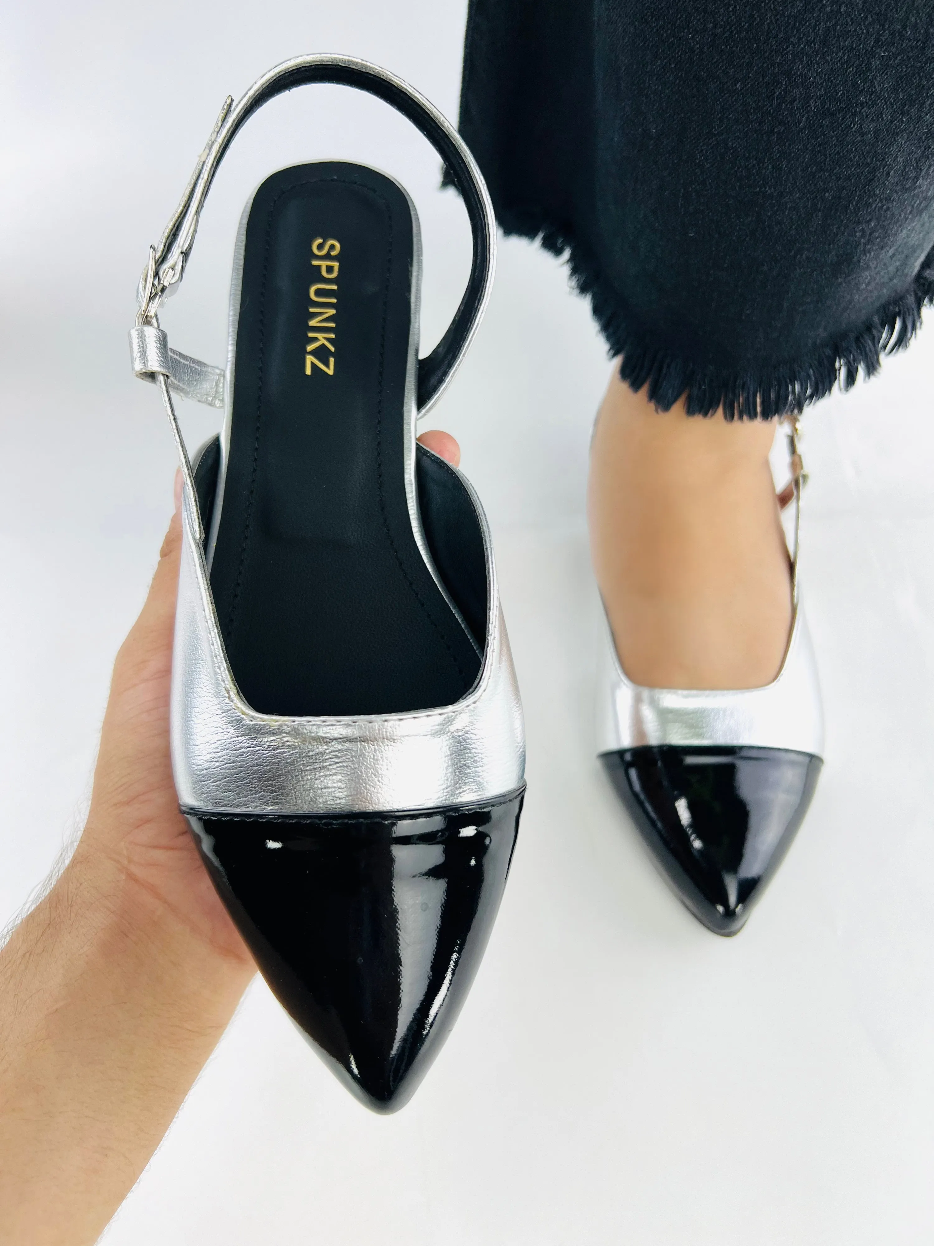 Spunkz Silver Flat Slingback Low Heel Ballet Pumps