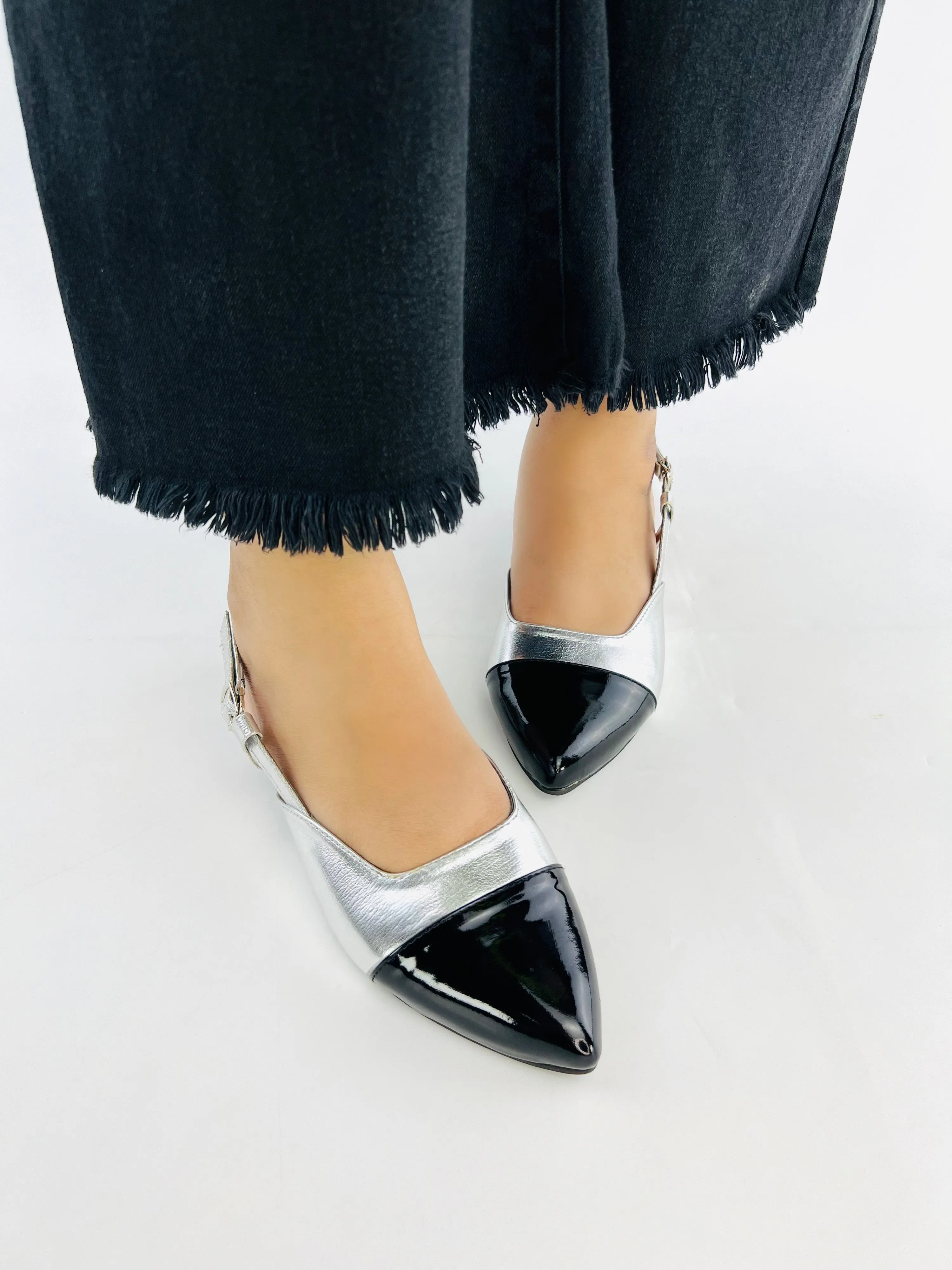 Spunkz Silver Flat Slingback Low Heel Ballet Pumps