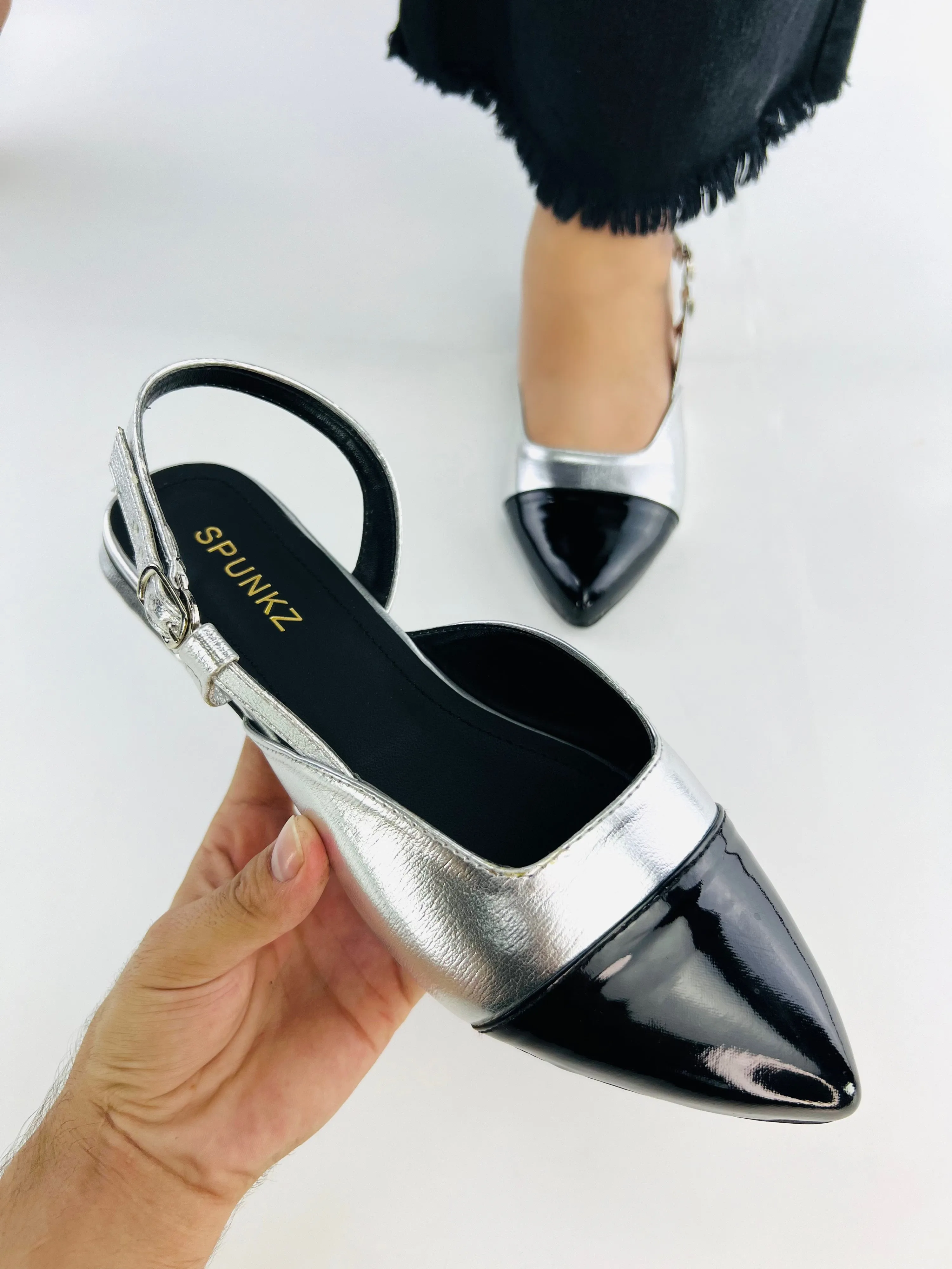 Spunkz Silver Flat Slingback Low Heel Ballet Pumps