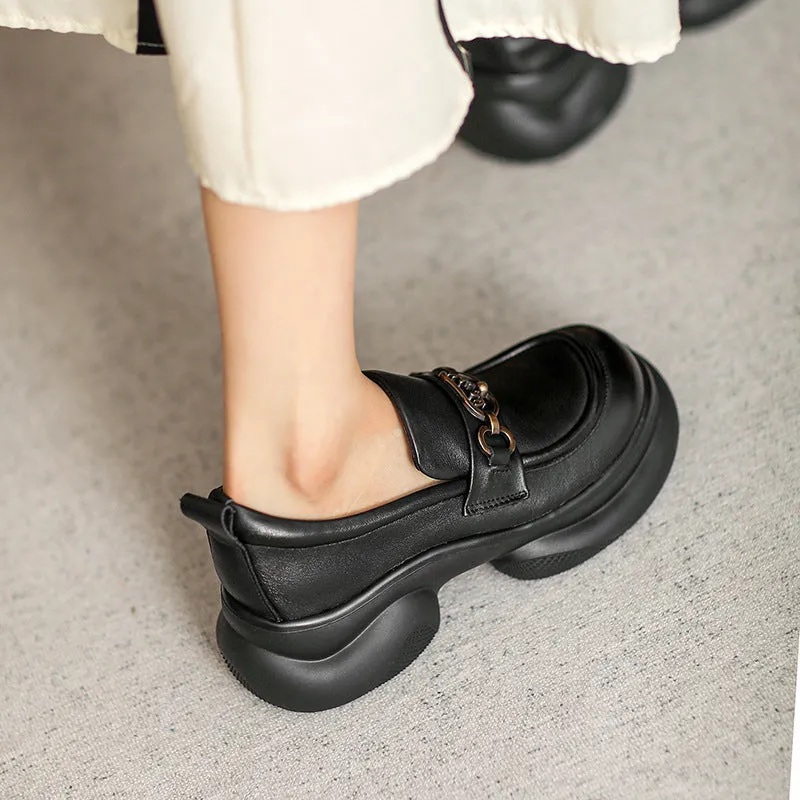 Women Retro Chain Lug Sole Leather Casual Loafers