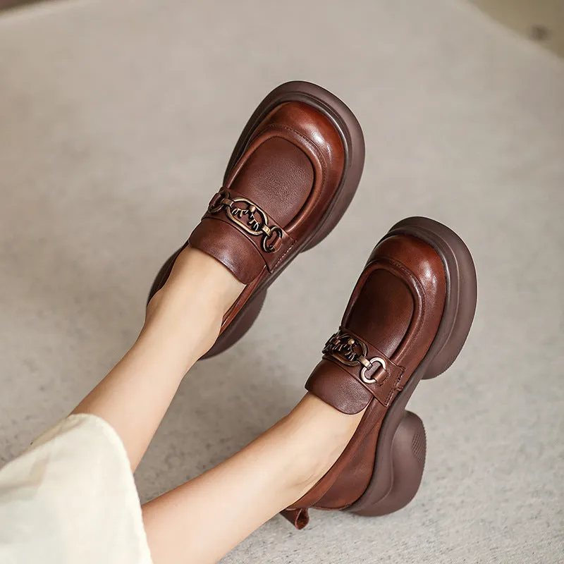 Women Retro Chain Lug Sole Leather Casual Loafers