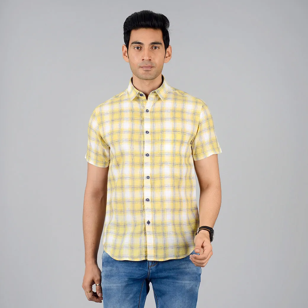 Yellow & Grey Checked Slim Fit Casual Shirt | Greenfibre